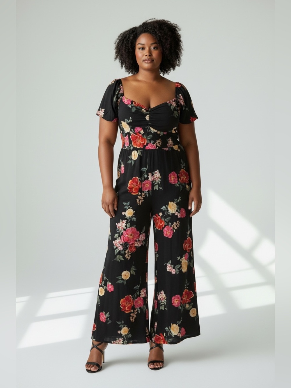 Old Navy Black Floral Sweetheart Wide-Leg Jumpsuit with Flutter Sleeves, PXL